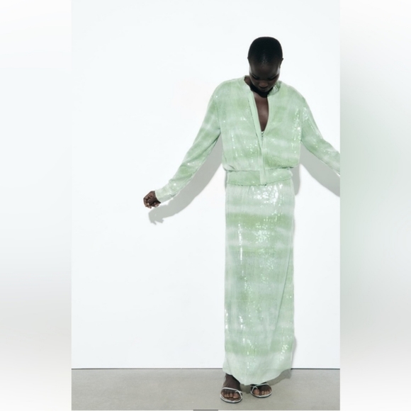 ZARA SEQUINNED TULLE BOMBER JACKET GREENS sz S - Picture 7 of 7